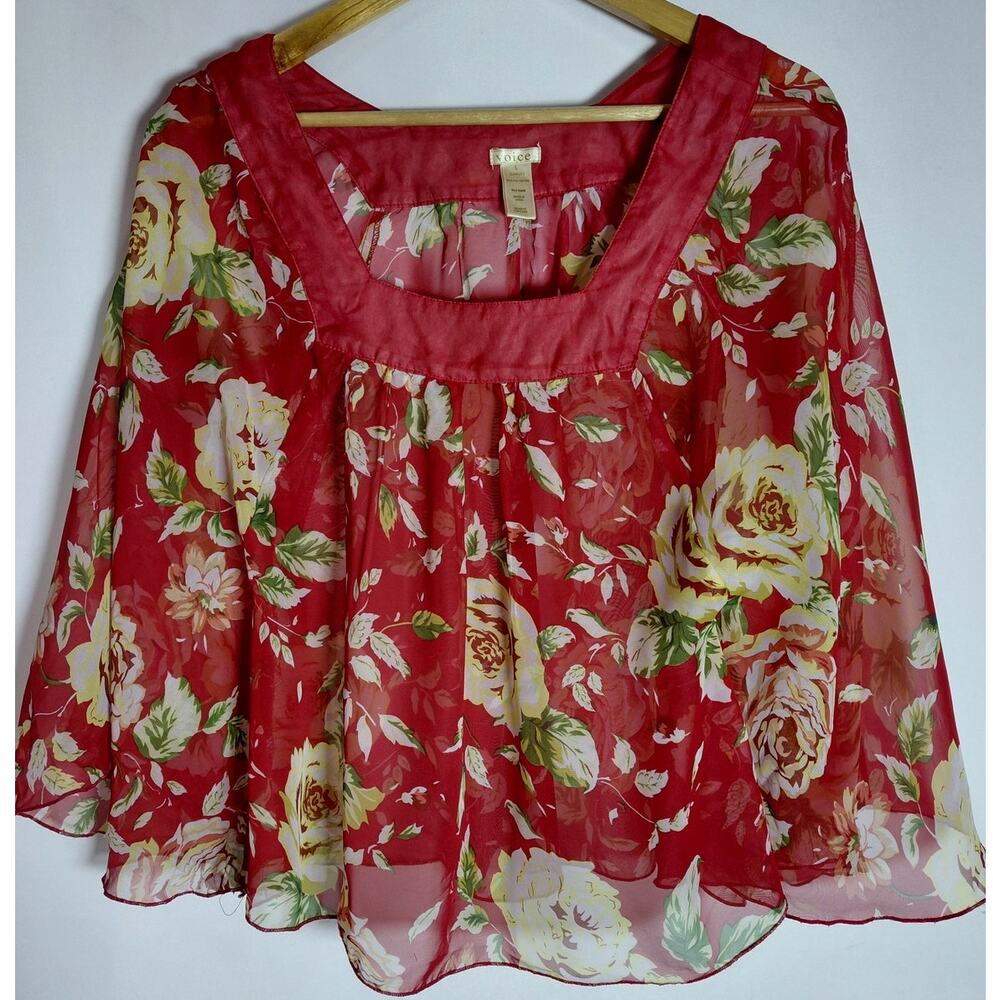 voice Floral Sheer Blouse Red 3/4 Sleeve Scoop Neck Women Size L